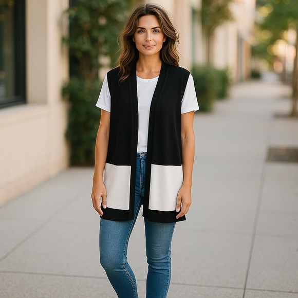 CHICOS COLORBLOCK SLEEVELESS BLACK & WHITE CASUAL OPEN FRONT LONG VEST SIZE 8-10 - Picture 10 of 10